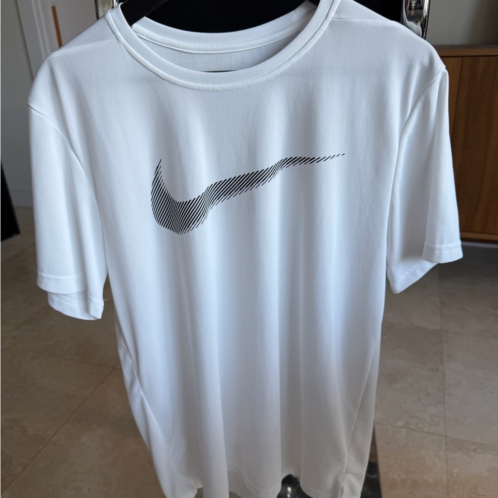 Nike Men's White DRI FIT Tee with Black/Grey Logo